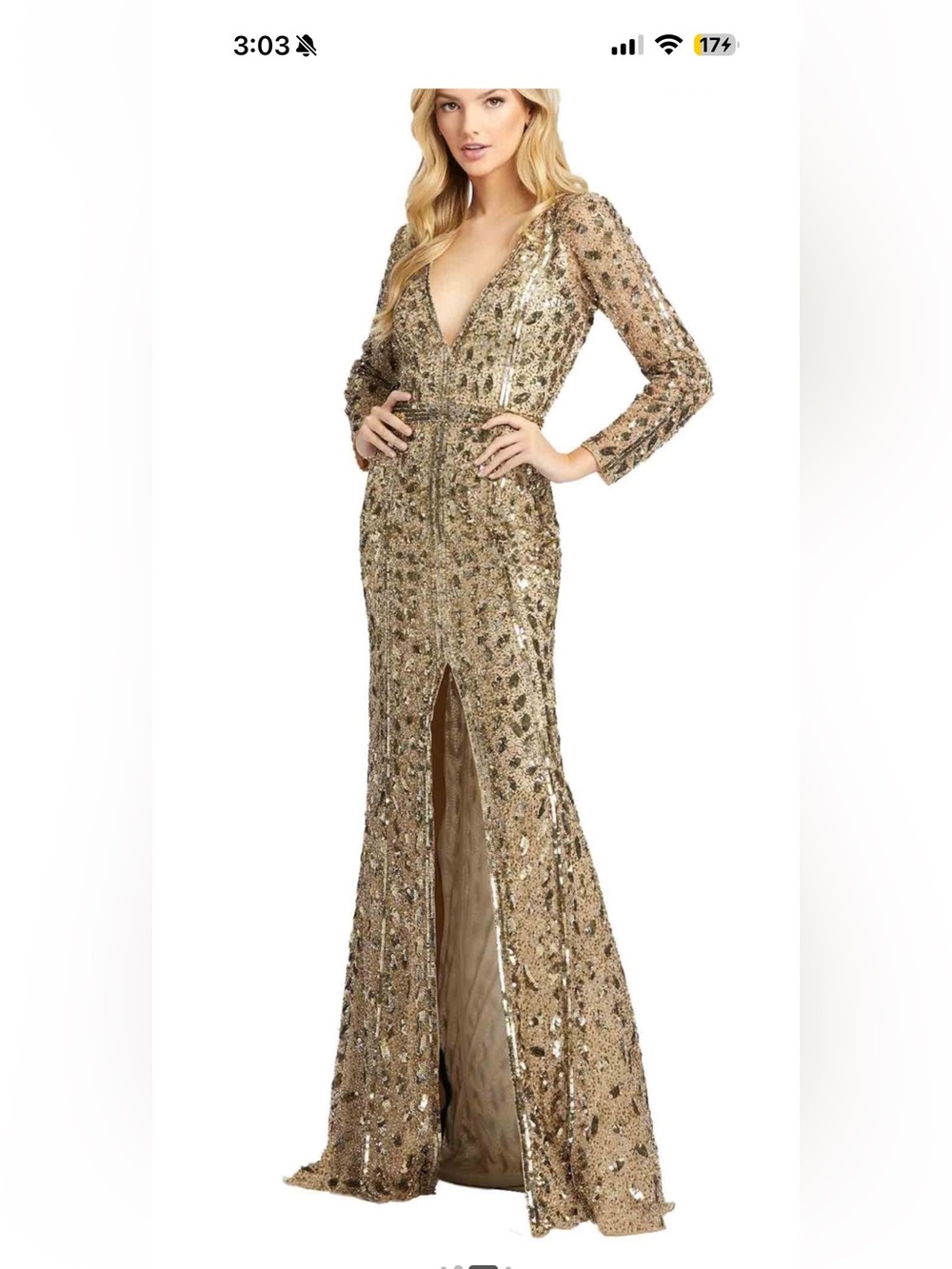Aqua Gold Sequin V-Neck Long Sleeve Maxi Gown